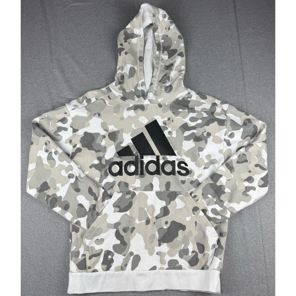 Adidas Camo Hoodie Large Gray White Pullover Fleece Logo Sweatshirt